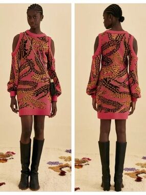 Farm Rio Croc Pink Wool Cold-Shoulder Sweater Dress